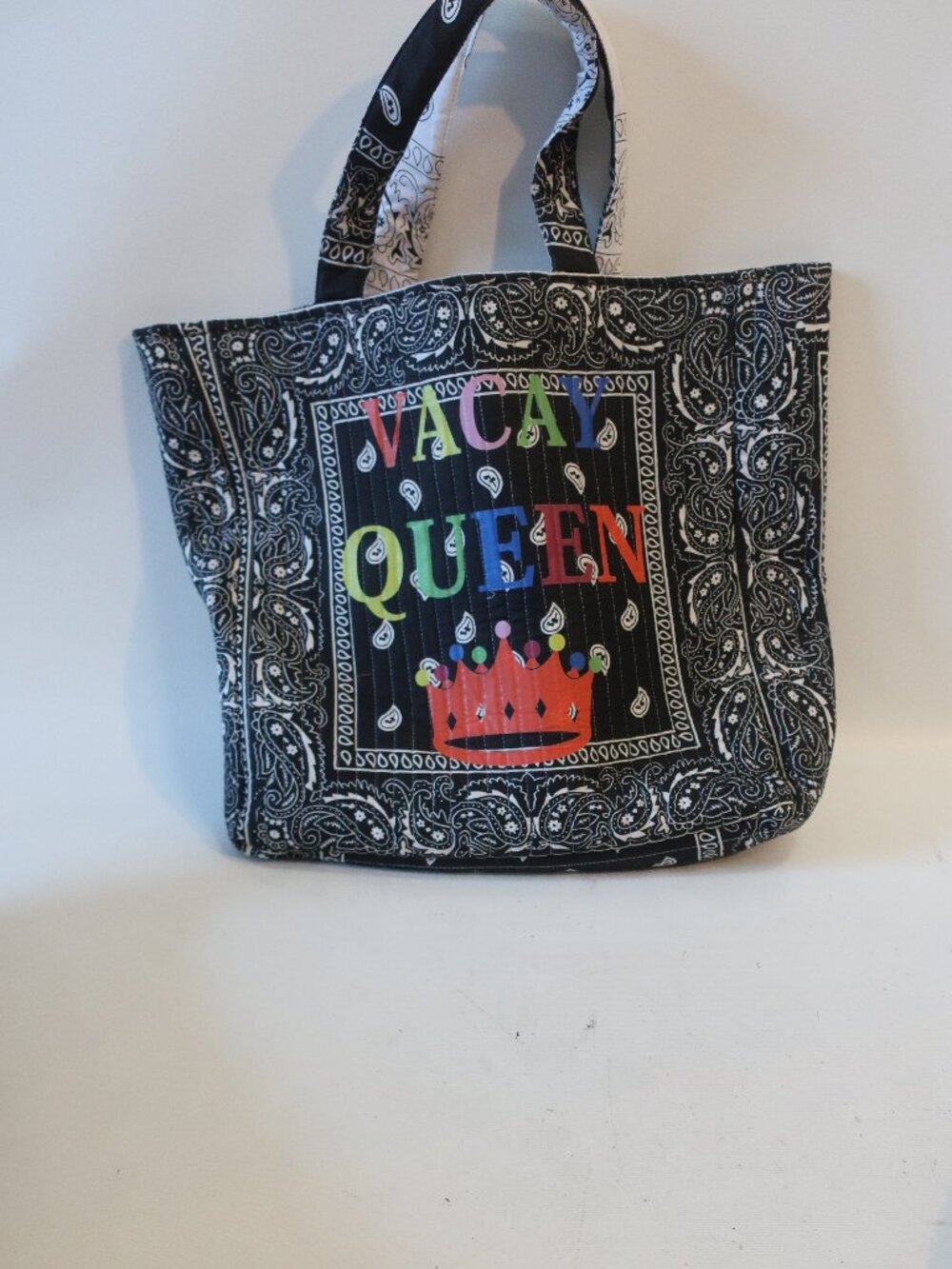 NWT Womens Tina Demel "Vacay Queen" Double Sided Bandana Black, White Tote Bag